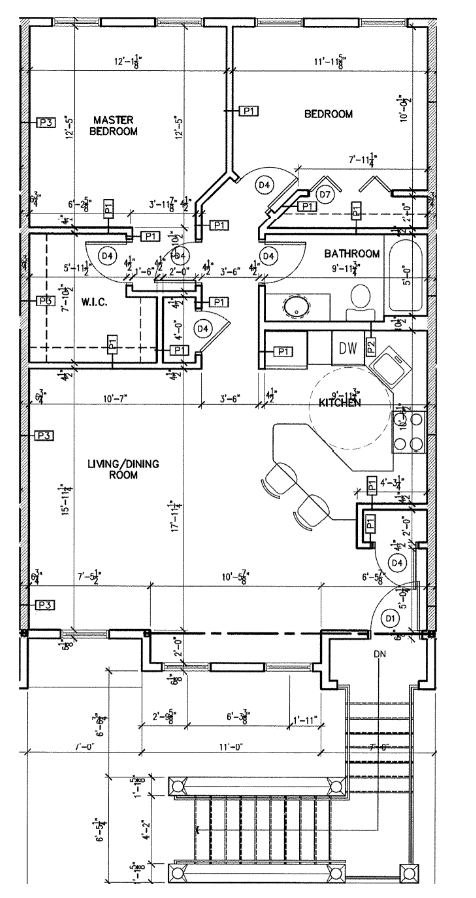 A floor plan of a house with a master bedroom, a living/dining room, a bathroom, and a kitchen.